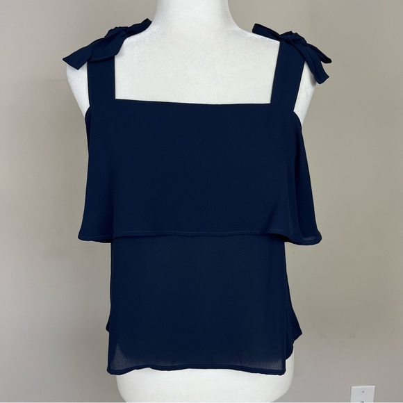 LOFT TIERED SQUARE NECK TANK TOP BOW STRAPS SIZE SMALL PETITE NAVY BLUE - Picture 3 of 16
